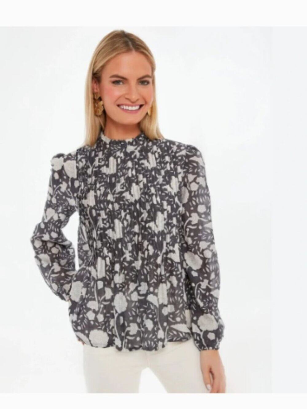Tuckernuck Oliphant Slate Mulberry Floral Pintuck Blouse top Sz S